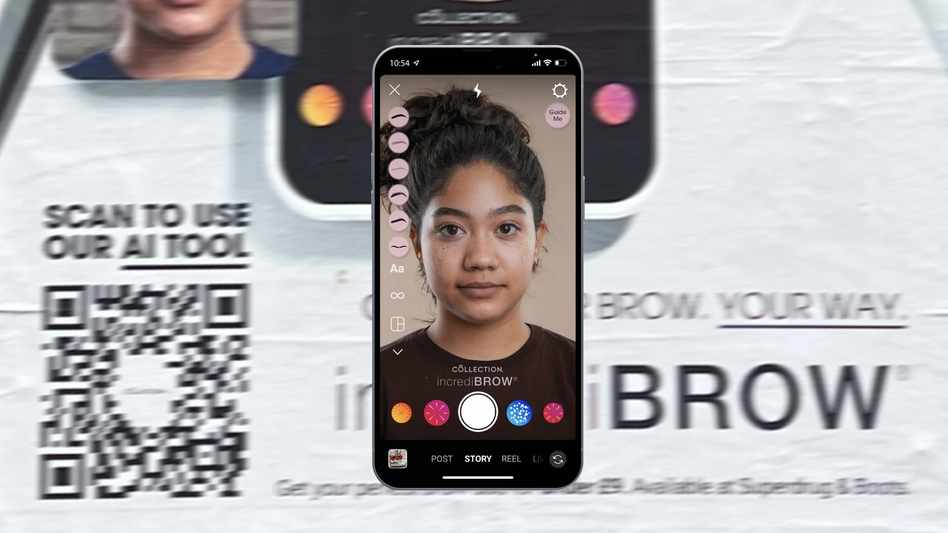 AR interface / face-tracked brow guides and selectable styles.