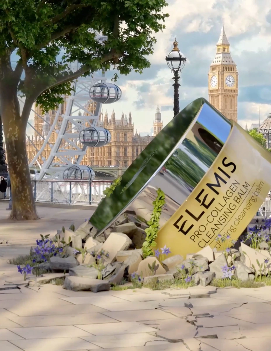 ELEMIS cleansing balm emerging through fractured pavement on the South Bank