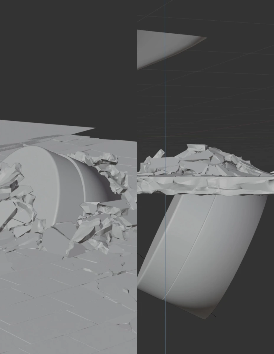 Behind the scenes / unshaded ground fracture, displaced slabs and product geometry.