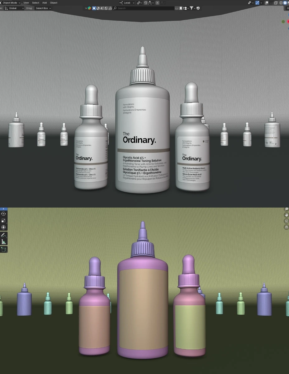 Asset 2 / material preview and solid viewport views of the product arrangement.